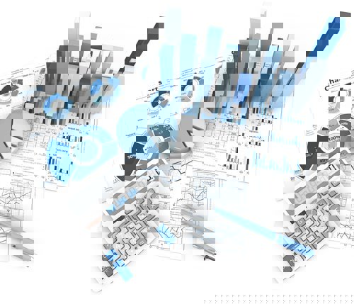 A picture of graphs, charts and a calculator